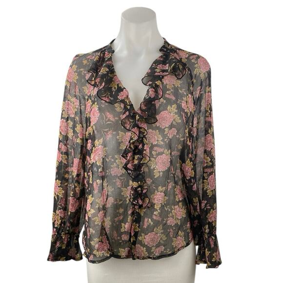 Zara Women's Floral Sheer Mesh Long Sleeve Ruffle V Neck Shirt Blouse Top Size S - Picture 1 of 5